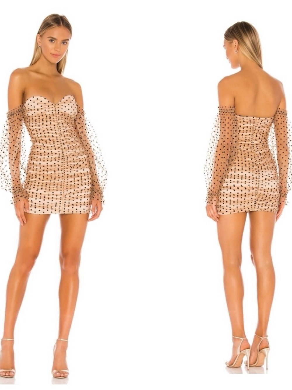 MAJORELLE XS Nude Black Polka Dot Mesh Mini Dress Corset Off Shoulder